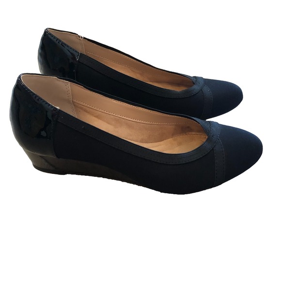 Kelly & Katie Shoes - Kelly & Katie Sabeni Wedge Heel Dress Shoes Womens 7M Black Twill Patent Trim